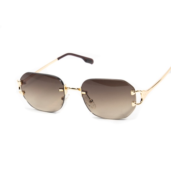 Brown Tint Rimless Gold Frame Men's Vintage Luxury Hip Hop Summer Sunglasses - Picture 1 of 6